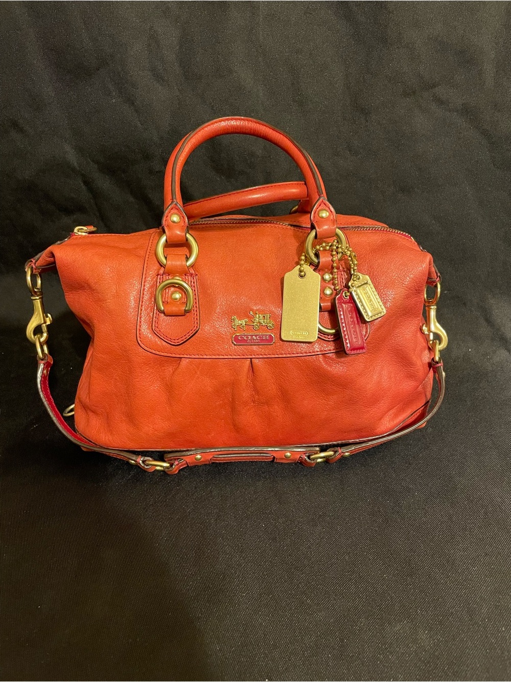 Coach Red-Orange Pebbled Leather Madison Sabrina Satchel with Gold Hardware